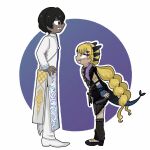  1boy 1girl absurdres arjuna_(fate) arjuna_(second_ascension)_(fate) black_dress black_eyes black_hair blonde_hair braid coat commentary dark-skinned_male dark_skin dragon_girl dragon_horns dragon_tail dress facial_mark fate/grand_order fate_(series) from_side full_body grin hair_ornament highres horns jewelry long_hair long_sleeves looking_at_another low_twintails outline pants sharp_teeth shirofox66 shoes smile standing tail teeth twintails very_long_hair vritra_(fate) vritra_(young)_(fate) white_outline white_pants yellow_eyes 