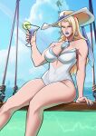  1girl adrawingsoup blonde_hair blue_eyes blue_lips breasts cup day emma_frost emma_frost_(white_wave_queen) highres holding holding_cup marvel marvel_rivals official_alternate_costume one-piece_swimsuit outdoors sidelocks strapless strapless_one-piece_swimsuit swimsuit white_one-piece_swimsuit wide_brim x-men 