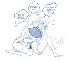  2girls ahoge anger_vein barefoot blush cho_kaguya-hime! choker english_text hand_under_clothes heart heart_ahoge highres hinagi_(fox_priest) implied_futanari kaguya_(cho_kaguya-hime!) long_hair monochrome multiple_girls open_mouth runami_yachiyo sidelocks simple_background white_background yuri 