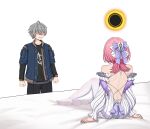  1boy 1girl absurdres back black_pants black_shrug blue_jacket button_prompt commentary detached_sleeves dress god_of_war_(series) grey_hair hair_ornament highres jacket medium_hair na_(naneesan1) no_shoes pants pink_hair remielle_dan shrug_(clothing) soles thighhighs toes white_dress white_thighhighs wise_(zenless_zone_zero) zenless_zone_zero 