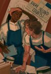  1boy 1girl absurdres apron arm_tattoo black_hair blue_apron brown_hair carmy_berzatto commentary dark-skinned_female dark_skin hand_tattoo headscarf highres looking_at_another shirt sunnnliwx sydney_adamu talking tattoo the_bear white_shirt 