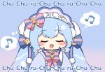  1girl :d beamed_eighth_notes blue_background blue_bonnet blue_bow blue_dress blue_gloves blue_hair blue_streaks blush_stickers bonnet bow bowtie chibi chibi_only closed_eyes commentary_request double-parted_bangs dress eighth_note gloves gradient_background hair_bow hair_ornament hands_up hatsune_miku long_hair long_sleeves lyrics multicolored_hair musical_note musical_note_hair_ornament nukotun open_mouth pink_background pink_bow pink_bowtie smile solo speech_bubble spoken_musical_note streaked_hair striped_bow striped_bowtie striped_clothes thought_bubble twintails upper_body very_long_hair vocaloid wide_sleeves yuki_miku yuki_miku_(2023) 