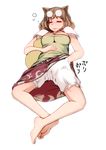  barefoot bloomers blush breasts brown_hair closed_eyes commentary drunk eyewear_on_head feet full-face_blush full_body futatsuiwa_mamizou glasses gourd hand_under_clothes iromeki_overdrive large_breasts short_hair simple_background skirt sleeping smile soles solo toenails toes touhou translated underwear white_background 