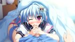  1boy 1girl blanket_veil blue_hair blue_pajamas blush bow buttons collarbone cum cum_in_mouth ejaculation game_asset grabbing_another's_penis hair_ornament hair_ribbon indoors long_hair looking_at_viewer luluna lying magical_marriage_lunatics!! non-web_source nose_blush official_art on_back on_bed one_eye_closed pajamas plaid_clothes plaid_sailor_collar purple_eyes ribbon sailor_collar sakurasaka_tsuchiyu shirt short_sleeves skirt skull striped_clothes twintails two-tone_shirt visual_novel_cg white_shirt 