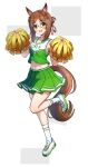  1girl alternate_costume animal_ears bare_shoulders blush breasts brown_hair cheering cheerleader clover_hair_ornament commentary_request crop_top fine_motion_(umamusume) green_eyes green_skirt hair_between_eyes hair_bun hair_ornament highres holding holding_pom_poms horse_ears horse_girl horse_tail ikaashi_you looking_at_viewer multicolored_hair open_mouth pom_pom_(cheerleading) shirt shoes skirt small_breasts smile socks solo tail umamusume white_hair white_socks 