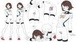  1girl absurdres ass ass_focus brown_eyes brown_hair censored collared_shirt commentary english_commentary full_body gloria_(pokemon) grin highres looking_at_viewer multiple_views navel otokakoto pokemon pokemon_sword_and_shield red_shoes shirt shoes short_hair simple_background skindentation smile thighhighs top-down_bottom-up white_background white_shirt white_thighhighs 