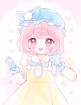 1girl ahhhhhhhluu ascot blue_bow blue_gloves blue_hat blue_shirt blush border bow brooch brown_eyes bye-bye_dust_(infinity_nikki) chinese_commentary clenched_hand colored_shadow commentary_request cowboy_shot dot_nose dress eyelashes finger_to_cheek frilled_gloves frilled_headwear frilled_shirt frills gloves hat hat_bow heart highres infinity_nikki jewelry lace-trimmed_ascot lace_background mob_cap nikki_(nikki) nikki_(series) open_mouth paw_print pinafore_dress pink_ascot pink_border pink_bow pink_hair pom_pom_hat_ornament puffy_short_sleeves puffy_sleeves shadow shirt short_hair short_sleeves sleeveless sleeveless_dress sleeveless_shirt smile solo standing star_(symbol) tareme teeth two-tone_ascot upper_teeth_only white_background white_sleeves wrist_bow yellow_ascot yellow_dress 