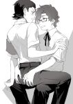  2boys blush closed_mouth commentary_request dress_shirt face-to-face gekkoukan_high_school_uniform glasses greyscale hair_slicked_back hands_on_another's_ass hiraga_keisuke isa_(peien516) male_focus monochrome multiple_boys neck_ribbon odagiri_hidetoshi pants persona persona_3 rectangular_eyewear ribbon school_uniform semi-rimless_eyewear shirt shirt_tucked_in short_hair sideburns simple_background sitting sitting_on_lap sitting_on_person suit_pants under-rim_eyewear white_background yaoi 