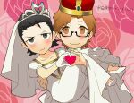  2boys black_hair blush brown_hair carrying closed_mouth commentary_request crossdressing crossdressing_(mtf) crown deformed dress gekkoukan_high_school_uniform gloves hair_slicked_back heart heart_hands heart_hands_duo hiraga_keisuke isa_(peien516) looking_at_viewer male_focus multiple_boys odagiri_hidetoshi persona persona_3 princess_carry rectangular_eyewear school_uniform semi-rimless_eyewear translation_request under-rim_eyewear wedding wedding_dress white_gloves yaoi 