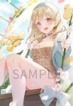  1girl baby_animal bird blonde_hair blue_bow blush bow chick commentary_request dress flower highres kinako_(shiratama_mochi) kogara_toto looking_at_viewer official_art on_swing open_mouth plaid_clothes plaid_dress red_eyes sample_watermark sitting socks solo swing teeth tongue tulip upper_teeth_only virtual_youtuber vspo! watermark white_flower white_socks yellow_dress yellow_flower 
