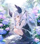  1girl :d absurdres ahoge alternate_costume black_dress black_horns black_necktie black_socks collared_shirt commentary_request day demon_horns double-parted_bangs dress flower frilled_dress frills full_body grey_hair grin highres holding holding_umbrella hololive horns hydrangea la+_darknesss loafers long_hair looking_at_viewer multicolored_hair necktie outdoors pinafore_dress piyokuma pleated_dress pointy_ears purple_streaks rain shirt shoes short_dress single_hair_streak skirt sleeveless sleeveless_dress smile socks solo squatting streaked_hair striped_horns tail transparent transparent_umbrella umbrella very_long_hair virtual_youtuber water wet wet_clothes wet_shirt white_shirt yellow_eyes 