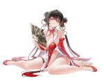  1girl absurdres arm_support bare_shoulders between_legs bracelet breasts china_dress chinese_clothes cleavage cloud copyright_name detached_sleeves dress folding_fan full_body fur_trim game_asset hair_rings hand_between_own_legs hand_fan highres holding holding_fan jewelry large_breasts long_hair multicolored_hair official_alternate_costume open_mouth orange_eyes poker_fate quad_hair_rings red_hair red_shoes self-datamine shoes sitting solo syusyu_(oath)_(poker_fate) syusyu_(poker_fate) tassel thigh_strap transparent_background triangle_mouth two-tone_hair wariza 
