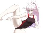  ... 1girl absurdres ahoge armpit_crease ass_visible_through_thighs black_one-piece_swimsuit blush brian_(delknoder) collarbone commentary cosplay covered_navel dripping english_commentary fate/grand_order fate_(series) glasses hairband high_ponytail highres jeanne_d'arc_(fate) jeanne_d'arc_(fate)_(cosplay) jeanne_d'arc_(swimsuit_archer)_(second_ascension)_(fate) jeanne_d'arc_alter_(fate) long_hair lying on_side one-piece_swimsuit ponytail red_one-piece_swimsuit spoken_ellipsis spread_legs swimsuit thighs two-tone_one-piece_swimsuit wet white_hair yellow_eyes 