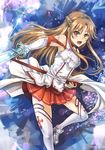  asuna_(sao) breastplate brown_eyes brown_hair detached_sleeves ks long_hair sword sword_art_online thighhighs weapon white_legwear 