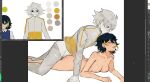 1girl arched_back ass breasts closed_eyes clothed_male_nude_female commentary english_commentary halleiane lying moaning nude on_stomach original prone_bone sex short_hair 