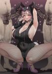  1girl 2boys alternate_breast_size_(larger) animal_ear_hood animal_ears animal_hood another_story areola_slip arm_up armpits bar_censor black_hood black_leotard blunt_bangs blush breasts cameltoe censored cleavage closed_mouth clothed_female_nude_male collarbone commentary covered_navel covered_nipples danganronpa_(series) danganronpa_2:_goodbye_despair erection eyelashes fake_animal_ears fake_tail fishnet_pantyhose fishnets full_body gradient_background half-closed_eyes handjob_gesture hetero high_heels highres hood hood_up hooded_leotard huge_breasts large_penis leotard licking_lips looking_at_viewer male_pubic_hair motion_lines multiple_boys nanami_chiaki naughty_face nude pantyhose penis pink_eyes pink_hair pink_shoes pubic_hair purple_background pussy_juice rabbit_hood rabbit_tail shoes short_hair sideboob simple_background smile solo_focus spread_legs steaming_body sweat tail testicles tongue tongue_out twitching_penis zipper_pull_tab 