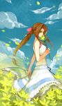  aerith_gainsborough bow brown_hair cloud day dress final_fantasy final_fantasy_vii flower green_eyes long_dress long_hair nanjou_(sumeragimishiro) pink_bow sky solo white_dress 