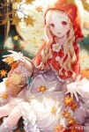  1girl baby_animal basket bird blonde_hair blurry capelet chick commentary_request copyright_name copyright_notice depth_of_field dress flower frilled_capelet frilled_dress frills hair_flower hair_ornament highres hood hood_up hooded_capelet kogara_toto kogara_toto_(4th_costume) leaf looking_at_viewer maple_leaf official_alternate_costume official_alternate_hairstyle official_art orange_eyes pom_pom_(clothes) red_capelet solo tadano_yukiko virtual_youtuber vspo! white_dress white_flower 