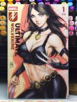  1girl aura black_choker black_hair black_sports_bra breasts chain_belt choker claw_(weapon) claws cleavage closed_mouth collarbone commentary cover_sketch english_commentary green_eyes highres large_breasts leather leather_pants long_hair looking_at_viewer marker_(medium) marvel midriff navel pants photo_(medium) picture_frame signature sketch solo sports_bra stanley_lau traditional_media weapon x-23 x-men 