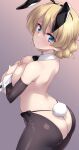  1girl animal_ears ass black_pantyhose blonde_hair blue_eyes blush braid breasts commentary darjeeling_(girls_und_panzer) fake_animal_ears fake_tail girls_und_panzer highres kuzuryuu_kennosuke large_breasts looking_at_viewer pantyhose playboy_bunny rabbit_ears rabbit_tail simple_background solo tail topless_female untranslatable_commentary wrist_cuffs 