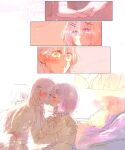  2girls absurdres amaori_renako ao_(aymr6215) ashigaya_high_school_uniform bed blush bow bowtie brown_hair closed_eyes collared_shirt commentary_request hand_on_another's_shoulder highres holding_hands kiss long_hair looking_at_another medium_hair multiple_girls pillow pink_eyes pink_hair school_uniform sena_ajisai shirt watashi_ga_koibito_ni_nareru_wake_naijan_murimuri! watermark white_shirt yellow_eyes yuri 