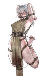  1girl absurdres armpits arms_up barefoot blush bound breasts bruise clenched_teeth collar commentary_request covered_nipples dress drooling gag gagged gdhs green_dress grey_eyes grey_hair highres hip_bones injury long_hair looking_at_viewer original pelvic_curtain red_eyes restrained rope_gag shibari skindentation small_breasts solo stationary_restraints sweat teeth 