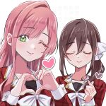  2girls ;) bow bowtie brown_hair commentary double-parted_bangs facing_viewer finger_heart green_eyes hair_between_eyes hair_ribbon hanazono_hahari heart heart_hands kimi_no_koto_ga_dai_dai_dai_dai_daisuki_na_100-nin_no_kanojo long_hair long_sleeves looking_at_viewer meido_mei mole mole_under_eye multiple_girls one_eye_closed pink_hair ribbon signature simple_background smile syuuka617 untranslatable_commentary upper_body watermark white_background white_bow white_bowtie white_ribbon 