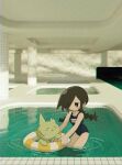  1girl 3d_background absurdres backrooms_(creepypasta) bare_shoulders black_eyes black_hair blue_one-piece_swimsuit braid bright_pupils collarbone defect_mogeko dream_pool dudd_ie funamusea hair_over_one_eye highres indoors jitome kurai_yonaka liminal_space mogeko_(species) mogeko_castle one-piece_swimsuit pillar pool spanish_commentary swim_ring swimsuit thighs tile_floor tiles twin_braids water white_pupils 