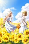  2girls absurdres apple basket blue_sky bread brown_hair closed_eyes cloud commentary_request day dress field flower flower_field food fruit hair_flower hair_ornament highres holding holding_basket kagari_mimi kaze_akira kimi_ga_shinu_made_koi_wo_shitai long_hair looking_at_another multiple_girls open_mouth outdoors pink_hair short_hair sky smile summer sun sunflower sunflower_field totsuki_shiina white_dress yuri 