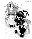  2boys batu_(tenmaku_no_jaadugar) belt black_hair black_shoes bracer cape commentary_request dated hat_feather holding holding_sword holding_weapon mongke_(tenmaku_no_jaadugar) monochrome multiple_boys sheath sheathed shoes sword tenmaku_no_jaadugar unsheathed weapon yoshito_(adore) 