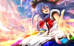  blue_hair bow cloud dress food fruit hat highres hinanawi_tenshi long_hair nekominase open_mouth outstretched_arm peach petals red_eyes ribbon short_sleeves smile solo sunset touhou 