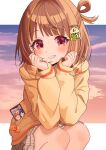  1girl blonde_streaks brown_hair cellphone cloud cloudy_sky commentary feet_out_of_frame gradient_eyes gradient_sky grey_skirt grin hair_ornament hair_rings hands_on_own_cheeks hands_on_own_face highres hood hood_down hooded_jacket jacket kizinn0526 letterboxed looking_at_viewer miniskirt multicolored_eyes multicolored_hair outside_border phone pink_sky plaid_clothes plaid_skirt pleated_skirt purple_sky red_eyes sendo_yuuhi sendo_yuuhi_(1st_costume) single_hair_ring skirt sky smartphone smile solo squatting streaked_hair tsumugi_kokage virtual_youtuber vspo! yano_kuromu yellow_eyes yellow_jacket 