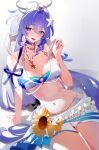  1girl absurdres bikini blue_hair breasts chinese_commentary chongchongbao_mushi commentary_request flower hair_ornament halo head_wings highres honkai:_star_rail honkai_(series) jewel_under_eye jewelry large_breasts long_hair looking_at_viewer md5_mismatch navel necklace official_alternate_costume open_mouth robin_(honkai:_star_rail) robin_(summeretto)_(honkai:_star_rail) sarong sitting smile solo starfish_hair_ornament sunflower swimsuit white_bikini white_sarong white_wings wings 
