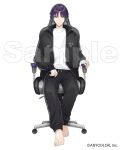  1boy bandaged_hand bandages barefoot black_jacket black_pants chair closed_mouth commentary company_name copyright_notice elbow_rest feet full_body gaming_chair green_eyes hand_rest headphones jacket kenmochi_touya kenmochi_touya_(18th_costume) long_sleeves looking_at_viewer male_focus nijisanji official_art on_chair open_clothes open_jacket pants purple_hair sample_watermark shirt short_hair simple_background sitting solo striped_clothes striped_jacket striped_pants swivel_chair tama_(songe) toes track_jacket track_pants track_suit virtual_youtuber watermark white_background white_shirt 
