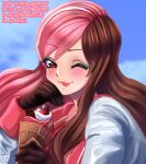  1girl blue_sky blush brown_eyes brown_gloves brown_hair chocolate cloud commentary day deviantart_username english_commentary eyelashes eyeshadow food fruit gloves green_eyeshadow hand_on_own_face holding holding_food holding_ice_cream holding_ice_cream_cone ice_cream ice_cream_cone instagram_username lips long_sleeves makeup multicolored_hair neopolitan_(rwby) one_eye_closed pink_hair portrait rwby schrwby sky smile solo split-color_hair strawberry streaked_hair tongue tongue_out tumblr_username twitter_username waffle_cone white_hair white_streaks 
