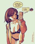  1boy 1girl artist_name bikini blush breasts brown_eyes brown_hair cleavage closed_mouth collarbone commentary cowboy_shot cropped_head english_text flipped_hair heart holding holding_phone jacket large_breasts long_sleeves medium_hair mole mole_on_breast navel open_clothes open_jacket paaaatchieee persona persona_3 phone short_hair signature smile speech_bubble stomach swimsuit takeba_yukari talking_on_phone untranslatable_commentary yuuki_makoto_(persona_3) 