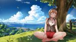  1girl atelier_(series) atelier_ryza atelier_ryza_3 bare_legs bare_shoulders barefoot beret black_choker black_hairband bow_hairband bracelet braid breasts brown_hair brown_vest choker closed_eyes cloud cloudy_sky clover_hair_ornament day feet fence hair_ornament hairband hairclip hat highres jewelry large_breasts medium_hair no_coat no_shoes ocean official_art outdoors red_shorts reisalin_stout shirt shorts sky sleeping sleeveless solo thighs toridamono tree vest white_hat white_shirt x_hair_ornament 