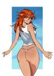  1girl ass backboob blue_sky breasts brown_eyes commentary commission english_commentary english_text grin highres lips long_hair looking_at_viewer looking_back ooquant-2 orange_hair original outdoors panties pink_panties pink_thong procreate_(medium) shirt sky sleeveless sleeveless_shirt smile solo tank_top teeth thong thong_panties underwear white_shirt white_tank_top 