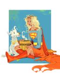  1girl animal_collar belt blonde_hair blue_bodysuit blue_eyes bodysuit boots bottle bucket cape collar commentary dc_comics disgust dog english_commentary full_body highres holding holding_bucket krypto_the_superdog on_floor red_boots red_cape red_skirt sitting skirt supergirl supergirl_(2026) supergirl_(movie_costume) superhero_costume superman_(series) superman_logo vickychendraws white_dog wine_bottle 