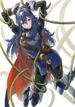  1girl ameno_(a_meno0) arms_behind_head arms_up belt belt_pouch blue_boots blue_cape blue_eyes blue_gloves blue_hair blue_pants blue_tunic blush boots bound bound_wrists brand_of_the_exalt breasts brown_belt cape clenched_teeth commentary fingerless_gloves fire_emblem fire_emblem_awakening gloves hair_between_eyes long_hair lucina_(fire_emblem) open_mouth pants plant pouch small_breasts solo suspension sweatdrop symbol_in_eye teeth thigh_boots tiara tied_up_(nonsexual) tunic two-tone_cape vines white_background 