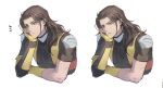  1boy ^^^ aleph_(megami_tensei) bored brown_eyes brown_hair commentary_request cropped_torso fingerless_gloves frustrated gloves hand_on_own_cheek hand_on_own_face long_hair looking_at_viewer male_focus megami_tensei multiple_expressions o_c_x shin_megami_tensei shin_megami_tensei_ii simple_background under-elbow_gloves white_background yellow_gloves 