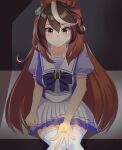  1girl animal_ears blush bow bowtie breasts brown_hair closed_mouth commentary_request crescent_moon earrings hair_between_eyes highres horse_ears horse_girl jewelry katsushika_yuki large_breasts long_hair looking_at_viewer moon multicolored_hair pleated_skirt puffy_short_sleeves puffy_sleeves purple_bow purple_bowtie purple_eyes purple_shirt sailor_collar sailor_shirt school_uniform shirt short_sleeves skirt smile solo streaked_hair summer_uniform symboli_rudolf_(umamusume) thighhighs tracen_school_uniform umamusume white_hair white_sailor_collar white_skirt white_thighhighs 