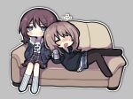  2girls asahi_breweries beer_can black_pantyhose blonde_hair blue_eyes blue_jacket blush can closed_eyes clothes_writing commentary couch drink_can drooling drunk expressionless full_body fur-trimmed_jacket fur_trim girls_band_cry grey_background hands_in_pockets highres holding holding_can iseri_nina jacket jitome kawaragi_momoka kneehighs lying_on_another medium_hair mouth_drool multiple_girls outline pantyhose red_hair shirt shirt_tucked_in sitting skirt socks squeans white_outline white_shirt white_socks yeolomang 