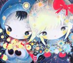  1boy 1girl beanie black_gloves black_hair blonde_hair blue_hat blue_scarf blush bow child colored_skin commentary gloves hat highres hoshi-kun_(kikuo) kikuo mittens moon official_art red_bow red_gloves scarf si-ku smile soshite_kimi_wa_tsuki_ni_natta_(vocaloid) sparkle star_(sky) traditional_media tsuki-chan_(kikuo) white_skin 