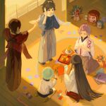  1girl 4boys absurdres aqua_hair black_hair blue_eyes blue_hair brown_hair character_request commentary daruma_doll food from_above fruit hakama hakama_skirt highres japanese_clothes kashuu_kiyomitsu kimono long_hair male_focus mandarin_orange mole mole_under_eye mole_under_mouth multiple_boys new_year on_floor open_mouth pink_hair ponytail scarf seiza short_hair sitting skirt smile sola0316 touken_ranbu white_kimono white_scarf yamato-no-kami_yasusada 