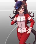  1girl absurdres animal_ears blue_flower blue_hat blue_rose blush breasts brown_hair commentary_request flipped_hair flower hair_over_one_eye hat hat_flower highres horse_ears horse_girl horse_tail jacket katsushika_yuki long_hair looking_at_viewer open_mouth pants purple_eyes red_jacket red_pants red_track_suit rice_shower_(umamusume) rose running small_breasts smile solo tail tilted_headwear tracen_training_uniform track_jacket track_pants track_suit umamusume 