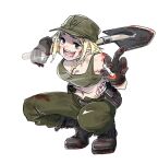  1girl azov_battalion bandages belt_buckle black_boots blonde_hair blood blood_on_bandages blood_on_cheek blood_on_clothes blood_on_face blood_on_gloves blood_on_shoes blood_on_shoulder blood_on_shovel boots breasts brown_eyes brown_pants buckle cigarette crop_top cross cross_necklace ears_visible_through_hair fangs gloves green_gloves green_tank_top hat holding holding_cigarette holding_shovel injury jacket japanon jewelry leather_belt looking_at_viewer marichka mazepynka medium_breasts midriff military military_uniform navel necklace non-web_source open_mouth original over_shoulder pants peaked_cap russo-ukrainian_war short_hair shovel soldier solo source_request squatting swastika swastika_tattoo tank_top tattoo tongue transparent_background ukraine weapon weapon_across_shoulders weapon_over_shoulder 