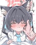  1boy 1girl :< ;< animal_ear_fluff animal_ears black_hair blue_archive blue_necktie blue_ribbon blush cat_ears closed_mouth collared_shirt commentary_request ear_fondling fang fang_out hair_intakes hair_ribbon half-closed_eye halo hand_on_another's_face highres long_hair necktie norippe_(user_zgsf8872) one_eye_closed red_eyes ribbon see-through_clothes see-through_shirt sensei_(blue_archive) serika_(blue_archive) shirt simple_background twintails upper_body wet wet_clothes wet_shirt white_background white_shirt 