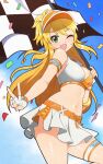  1girl :d ;d absurdres armband blonde_hair blush breasts checkered_flag cleavage commentary confetti cowboy_shot day fingerless_gloves flag gloves green_eyes hat highres holding holding_flag hoshii_miki idolmaster idolmaster_(classic) idolmaster_million_live! jeff_miga large_breasts long_hair looking_at_viewer navel official_alternate_costume one_eye_closed open_mouth outdoors race_flag race_queen simple_background skirt sky smile solo standing visor_cap 