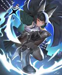  1girl absurdres animal_ear_fluff animal_ears aqua_jacket black_hair black_necktie black_shoes black_skirt closed_mouth commentary_request fingerless_gloves fox_ears fox_girl full_body gauntlets gloves high-waist_skirt high_heels highres holding holding_sword holding_weapon hoshimi_miyabi jacket katana long_hair looking_at_viewer necktie raamy842 red_eyes shirt shoes signature single_fingerless_glove single_gauntlet skirt solo sword weapon white_shirt zenless_zone_zero 